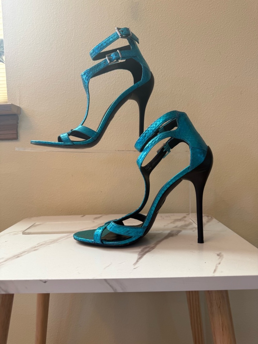 Brian Atwood Turquoise Metallic Strappy Stiletto Sandals, GUC, Size 8